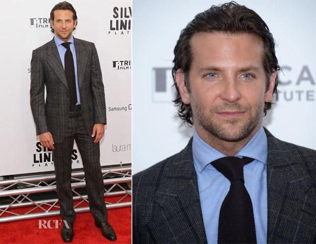 HOT BARDLEY COOPER IN FASHION WEARING A TWEED PATTERN SUIT ON THE RED CARPET.