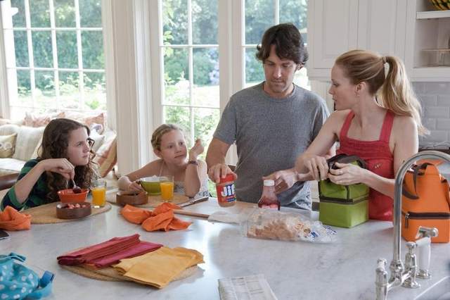 FAMILY IN MOVIE "THIS IS 40" HAVING BREAKFAST IN THEIR KITCHEN.  CAST (LEFT TO RIGHT IN ORDER)  MAUDE APATOW (OLDEST DAUGHTER), IRIS APATOW (YOUNGER DAUGHTER), PAUL RUDD (FATHER), LESILE MANN (MOTHER)