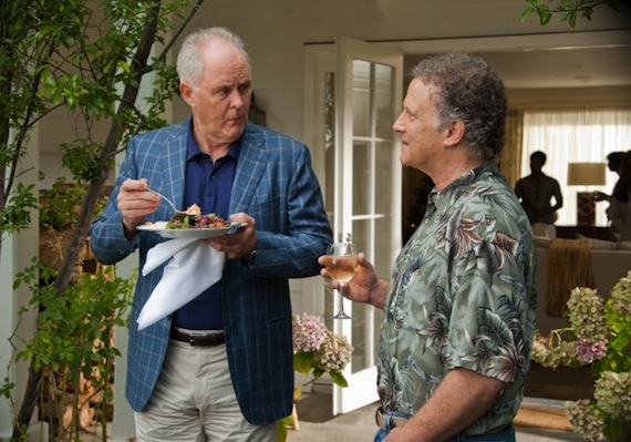 SENCE IN "THIS IS 40" -BOTH FATHERS. JOHN LITHGOW (LESILE MANN'S FATHER) AND ALBERT BROOKS (PAUL RUDD'S FATHER) TRYING TO GET TO KNOW EACH OTHER BUT IT DID NOT WORK OUT. 