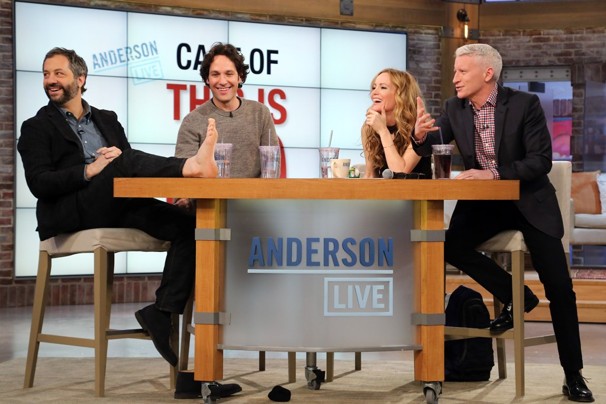 THE CAST OF "THIS IS 40" ON THE TALK SHOW ANDERSON LIVE STARTING ANDERSON COOPER. THIS IS A FUNNY PHOTO WITH JUDD APATOW'S FOOT ON THE TABLE - HAHA.