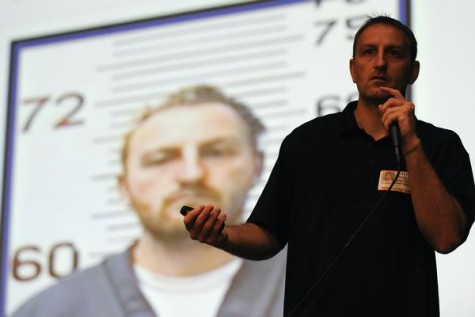 NORTHGLENN, CO: Sept 25, 2013 Ethan Fisher, of LifeCONsequences, speaks in front of students at Northglenn High School in Northglenn on Wednesday, Sept. 25. Fisher, a star athlete in high school and college, abused drugs and alcohol when he was young and was convicted of vehicular manslaughter while driving drunk. (Photo By Erin Hull/The Denver Post)