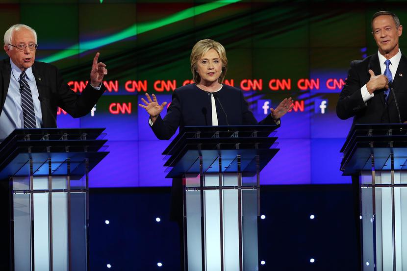 LAS VEGAS, NV - OCTOBER 13:  (L-R) Democratic presidential candidates Sen. Bernie Sanders (I-VT), Hillary Clinton and Martin OMalley take part in a presidential debate sponsored by CNN and Facebook at Wynn Las Vegas on October 13, 2015 in Las Vegas, Nevada. Five Democratic presidential candidates are participating in the partys first presidential debate.  (Photo by Joe Raedle/Getty Images)