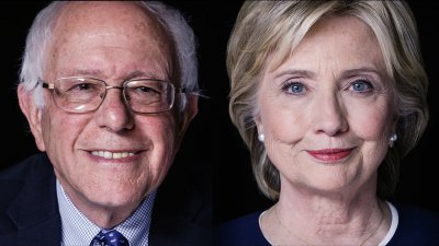 2016 presidential candidates Bernie Sanders and Hillary Clinton.