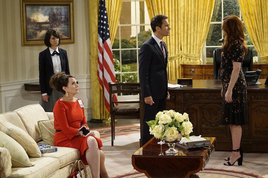 WILL & GRACE -- 11 Years Later Episode 101 --  Pictured: (l-r) Kate Micucci as Page, Megan Mullally as Karen Walker, Eric McCormack as Will Truman, Debra Messing as Grace Adler -- (Photo by: Chris Haston/NBC)