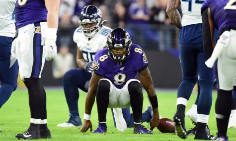 Jan 11, 2020; Baltimore, Maryland, USA; Baltimore Ravens quarterback Lamar Jackson (8) reacts after getting tackled in the first quarter against the Tennessee Titans in a AFC Divisional Round playoff football game at M&T Bank Stadium. Mandatory Credit: Evan Habeeb-USA TODAY Sports