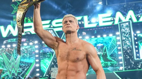PHILADELPHIA, PENNSYLVANIA - APRIL 7: Cody Rhodes celebrates during Night Two of WrestleMania 40 at Lincoln Financial Field on April 7, 2024 in Philadelphia, Pennsylvania. (Photo by WWE/Getty Images)